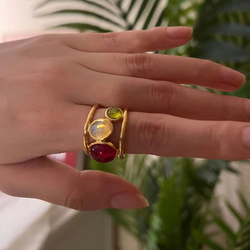 Retro French-Style Gemstone Niche Open Ring