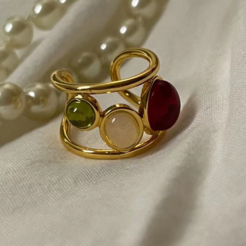Retro French-Style Gemstone Niche Open Ring
