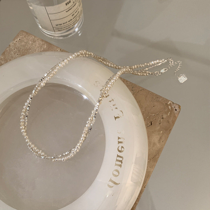 Double-layered Silver Pearl Wrapped Necklace