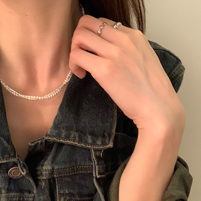 Double-layered Silver Pearl Wrapped Necklace