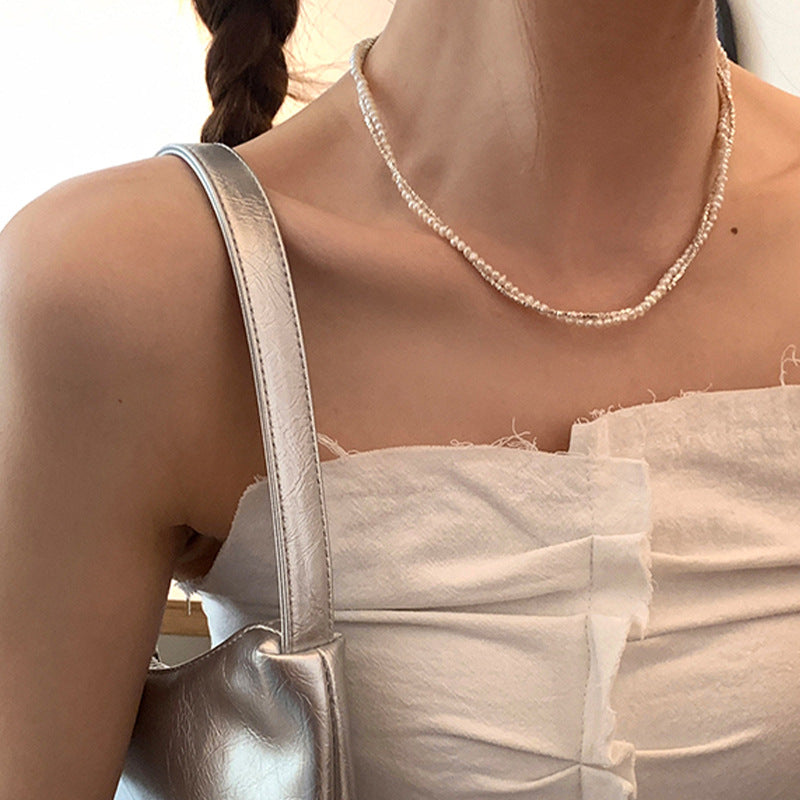 Double-layered Silver Pearl Wrapped Necklace