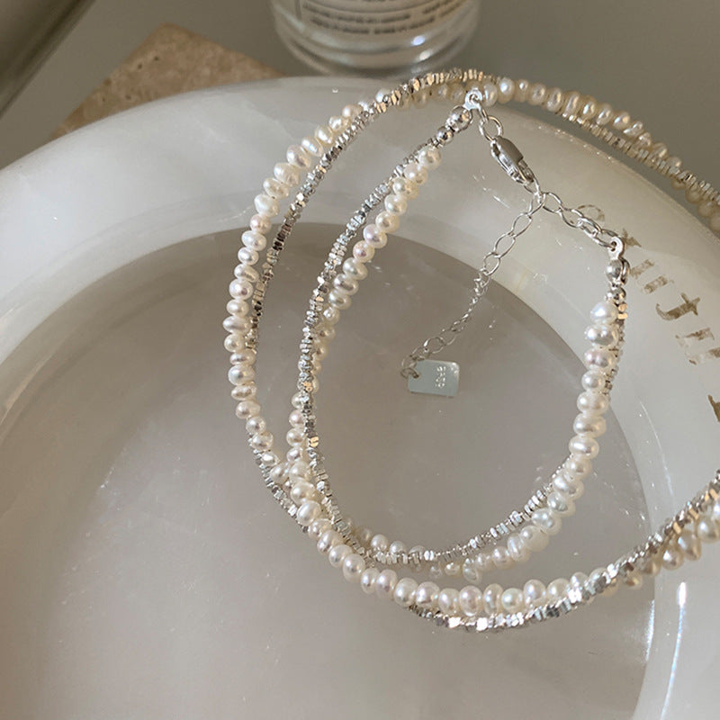 Double-layered Silver Pearl Wrapped Necklace