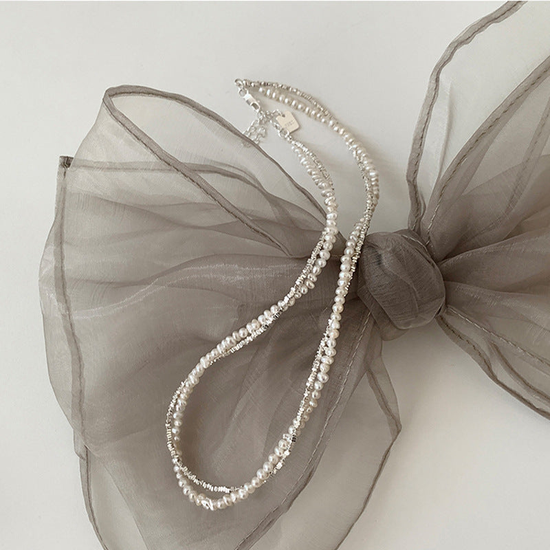 Double-layered Silver Pearl Wrapped Necklace