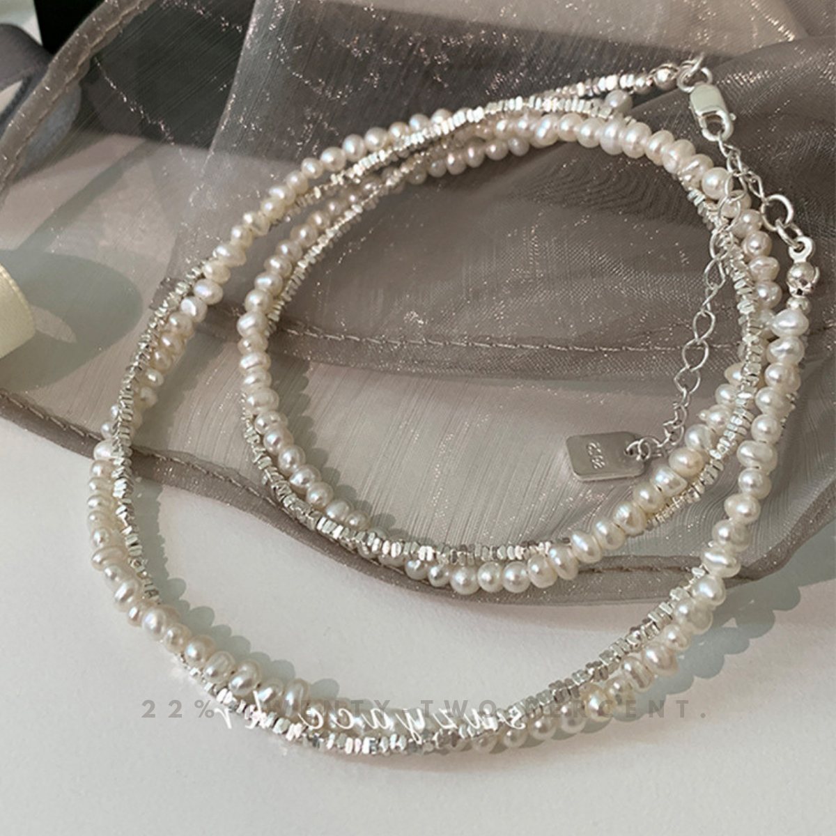 Double-layered Silver Pearl Wrapped Necklace