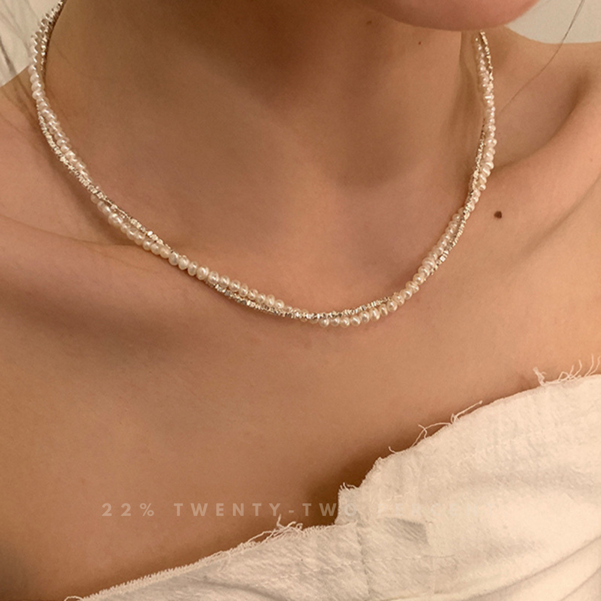 Double-layered Silver Pearl Wrapped Necklace