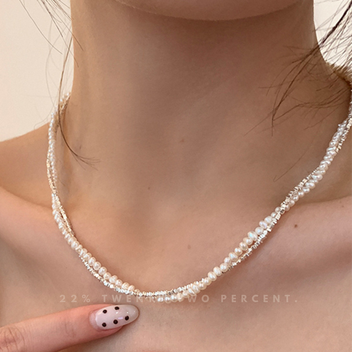 Double-layered Silver Pearl Wrapped Necklace
