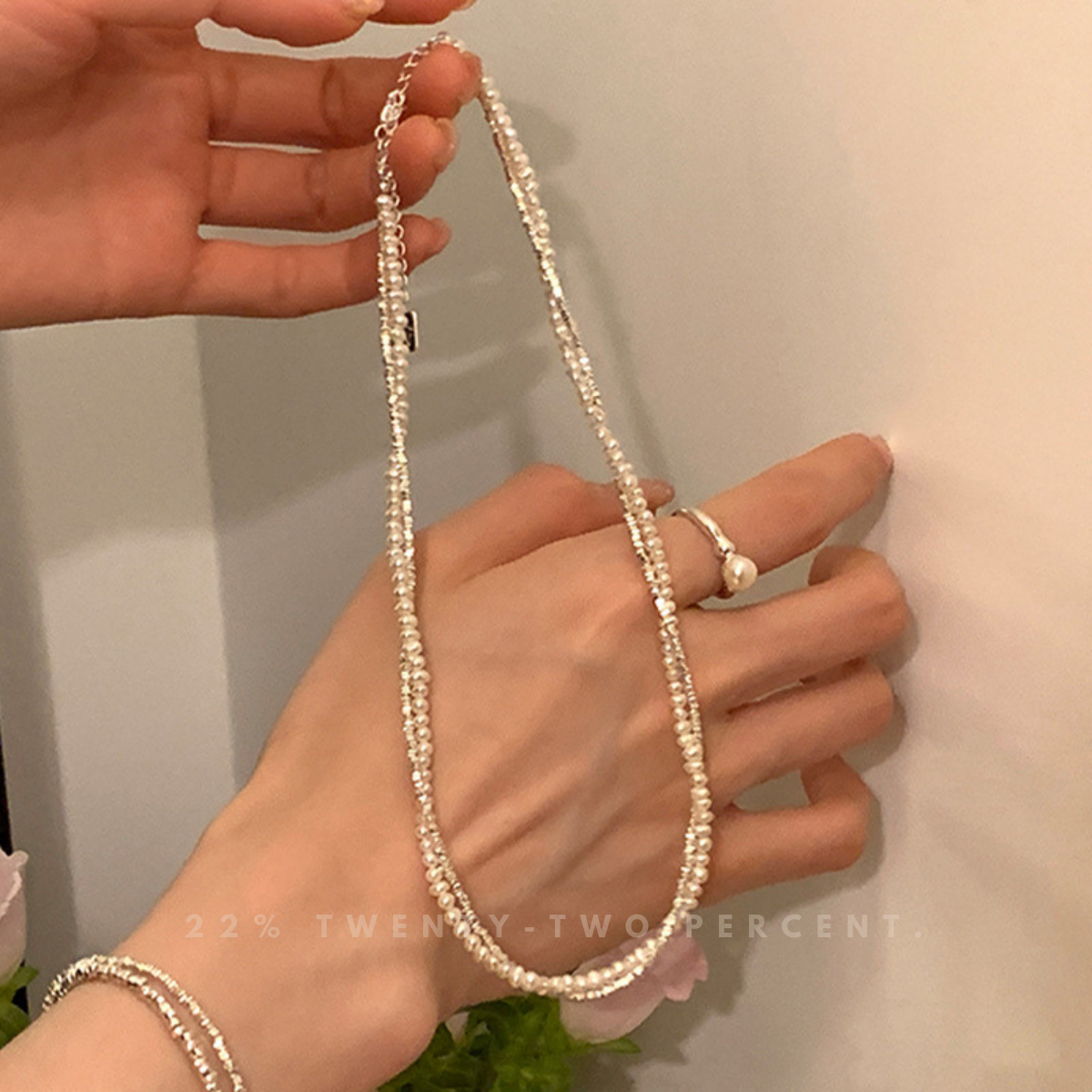 Double-layered Silver Pearl Wrapped Necklace