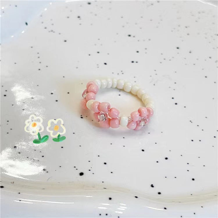 Pink Floral Handmade Daisy Beaded Ring