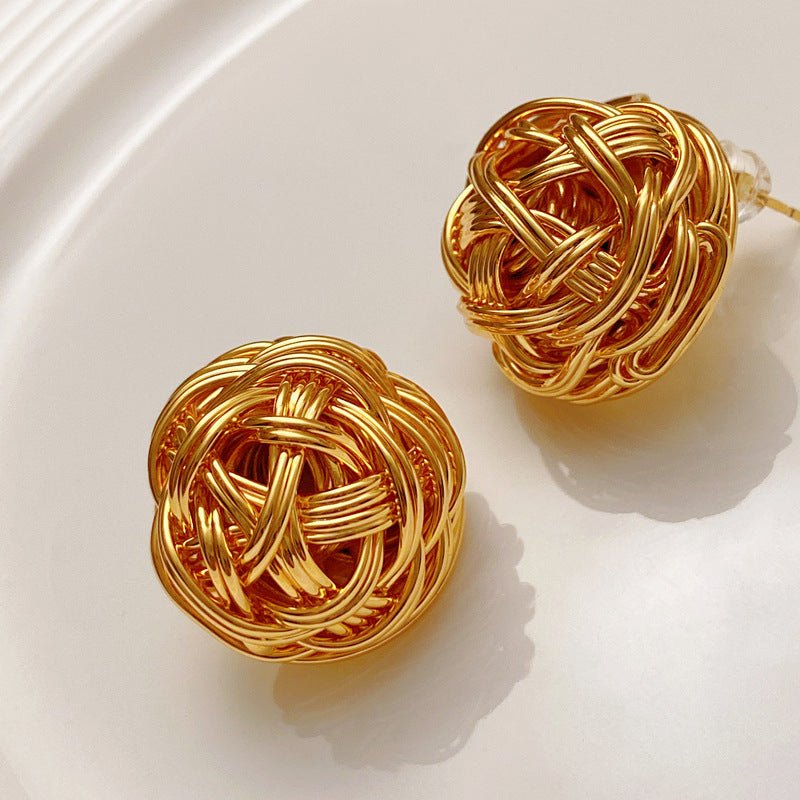 Vintage Retro Gold Metal Twisted Ball Earrings