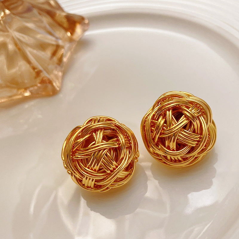 Vintage Retro Gold Metal Twisted Ball Earrings