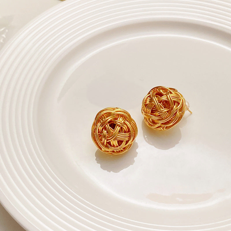 Vintage Retro Gold Metal Twisted Ball Earrings