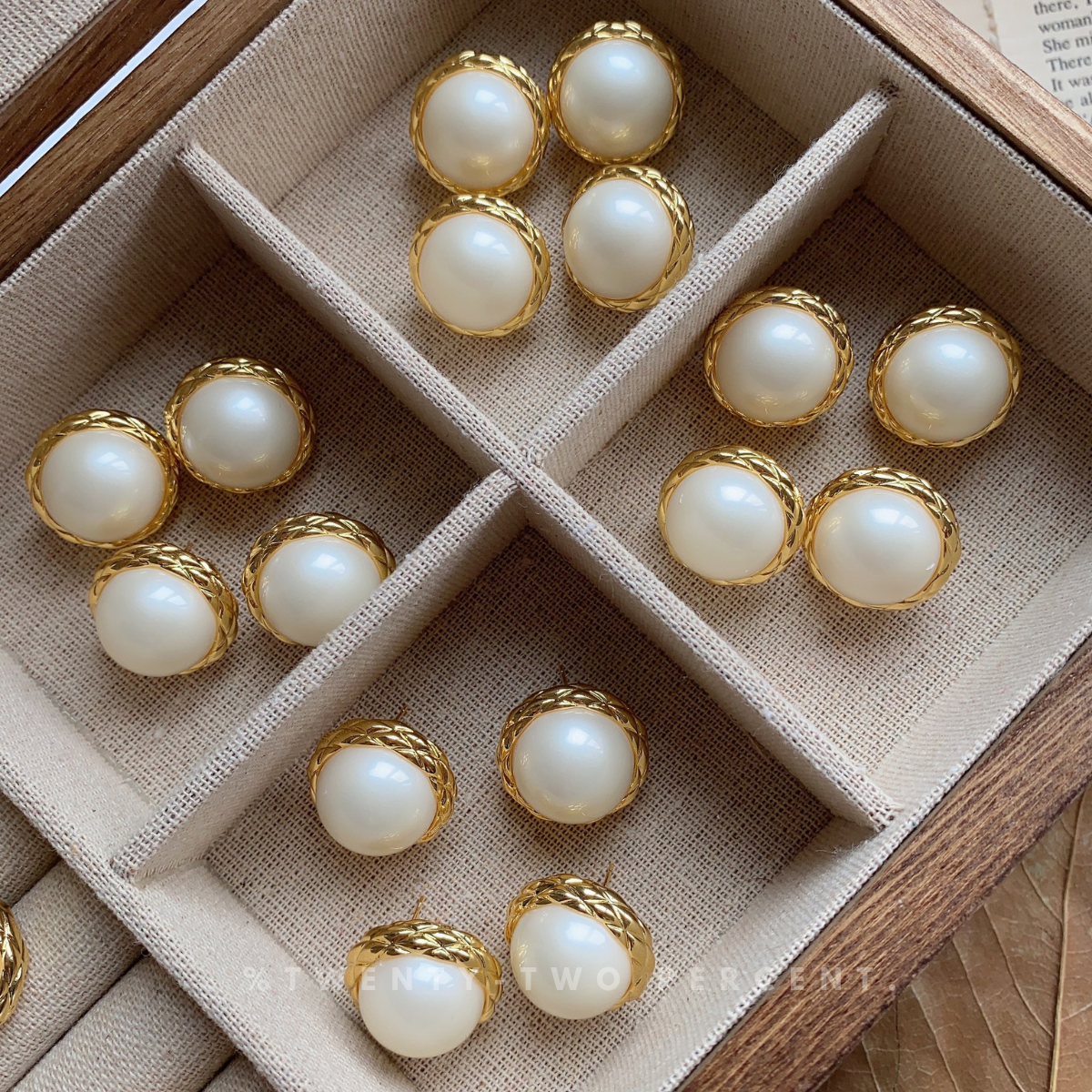 Gold Button Vintage CHANEL Style Elegant Pearl  Earrings