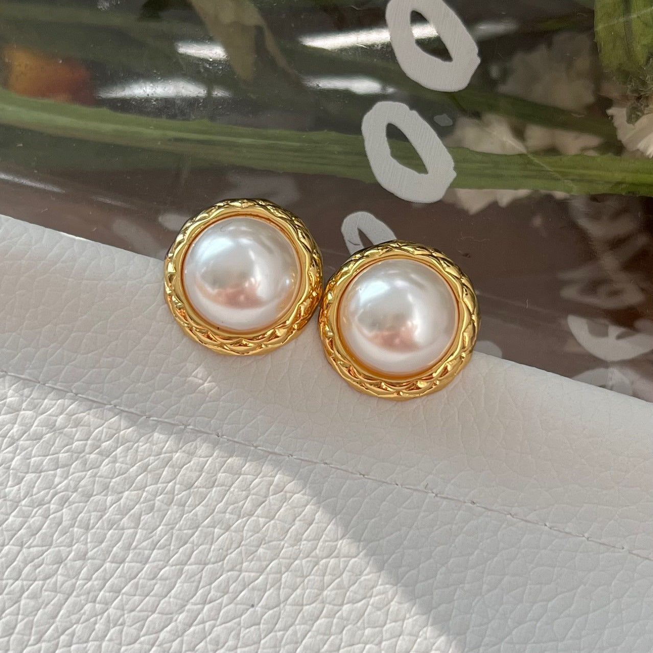 Gold Button Vintage CHANEL Style Elegant Pearl  Earrings