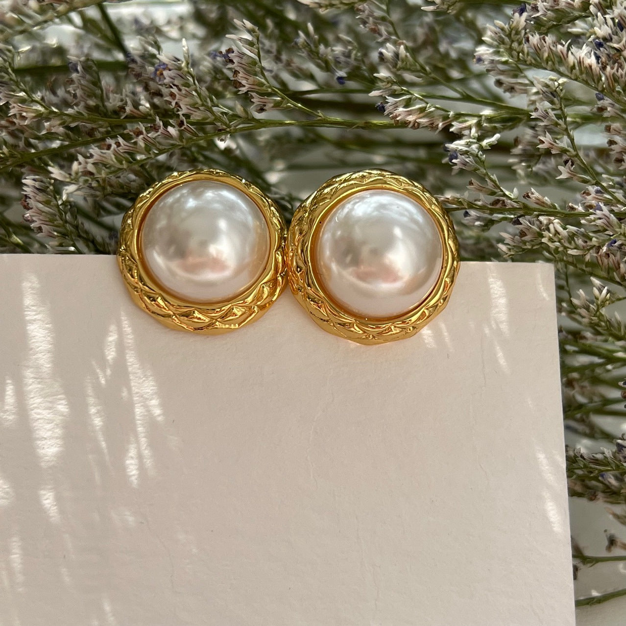 Gold Button Vintage CHANEL Style Elegant Pearl  Earrings