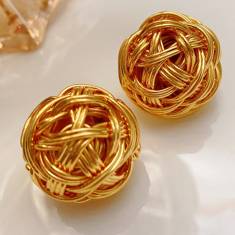 Vintage Retro Gold Metal Twisted Ball Earrings