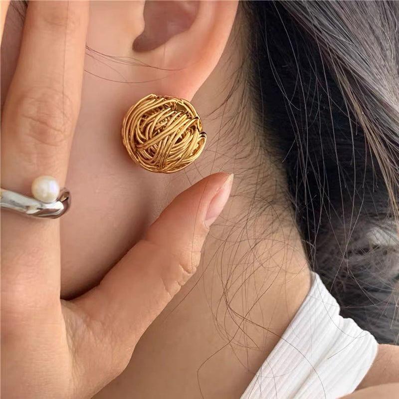Vintage Retro Gold Metal Twisted Ball Earrings