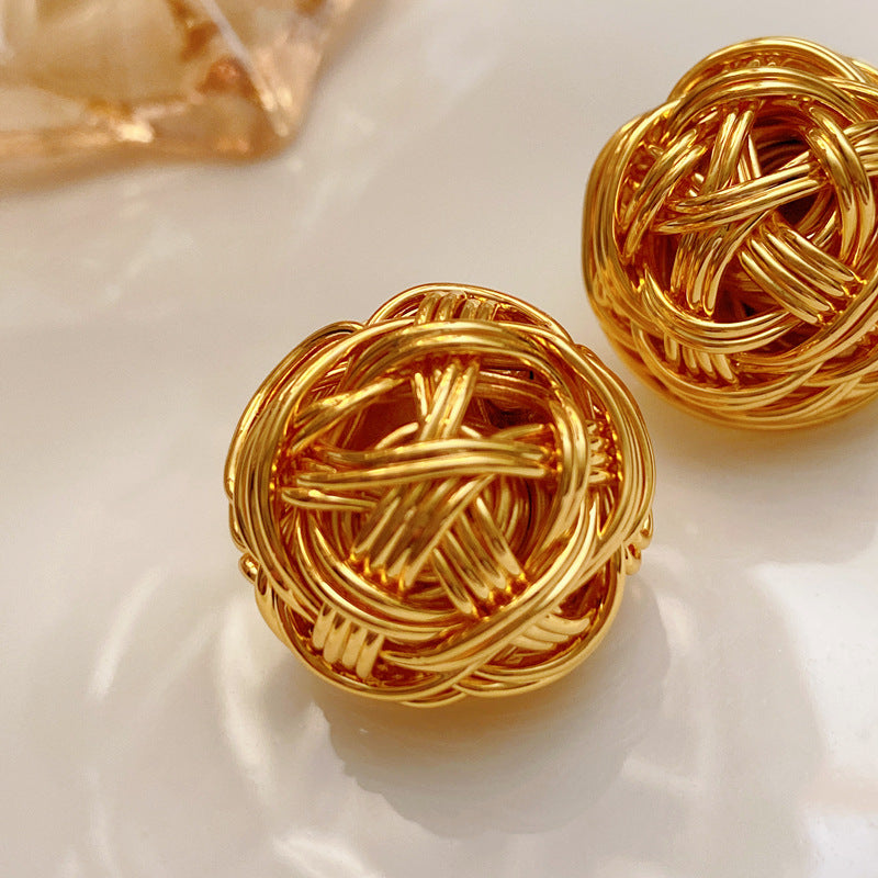 Vintage Retro Gold Metal Twisted Ball Earrings