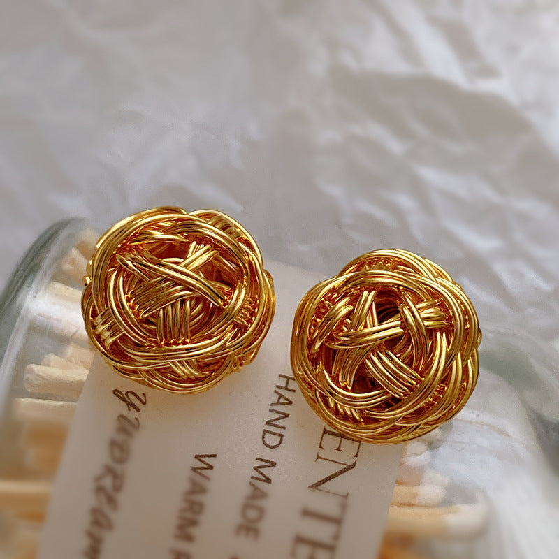 Vintage Retro Gold Metal Twisted Ball Earrings
