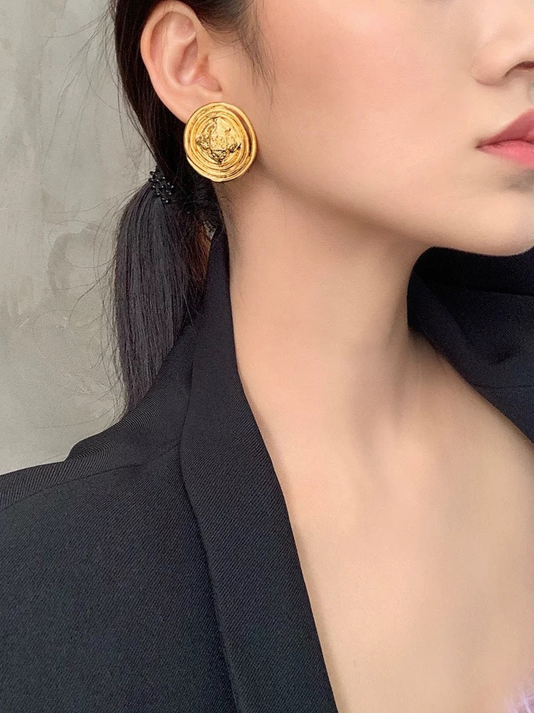 Vintage Round Metal Button Gold Earrings
