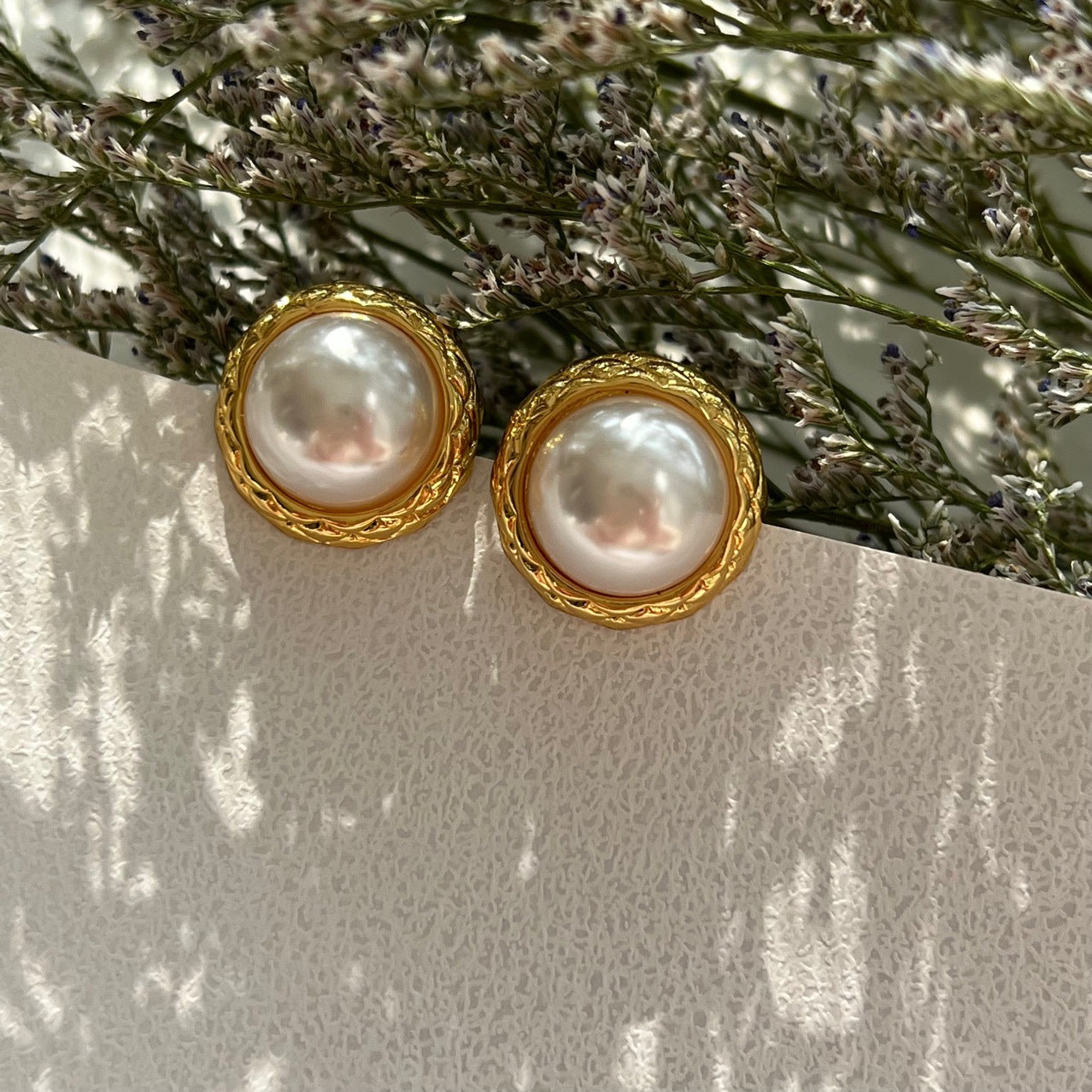 Gold Button Vintage CHANEL Style Elegant Pearl  Earrings