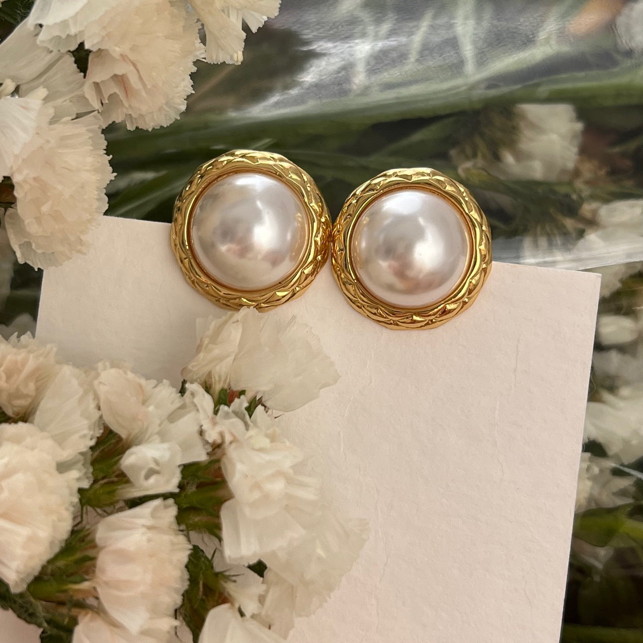 Gold Button Vintage CHANEL Style Elegant Pearl  Earrings