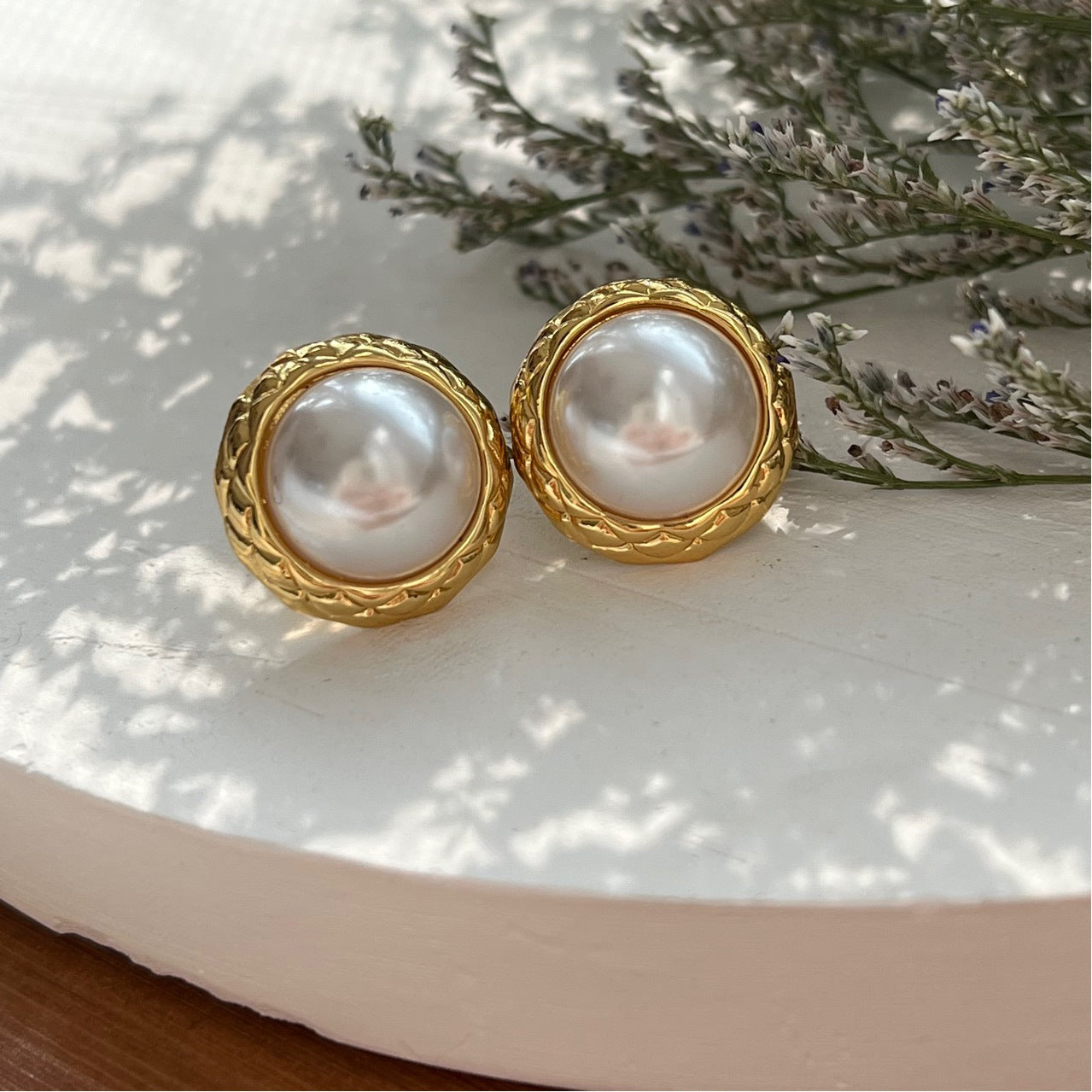 Gold Button Vintage CHANEL Style Elegant Pearl  Earrings